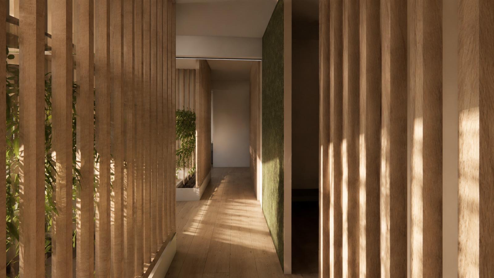 Imagem 3D do corredor interior com divisórias em madeira do BLIVE Pilates Alvalade