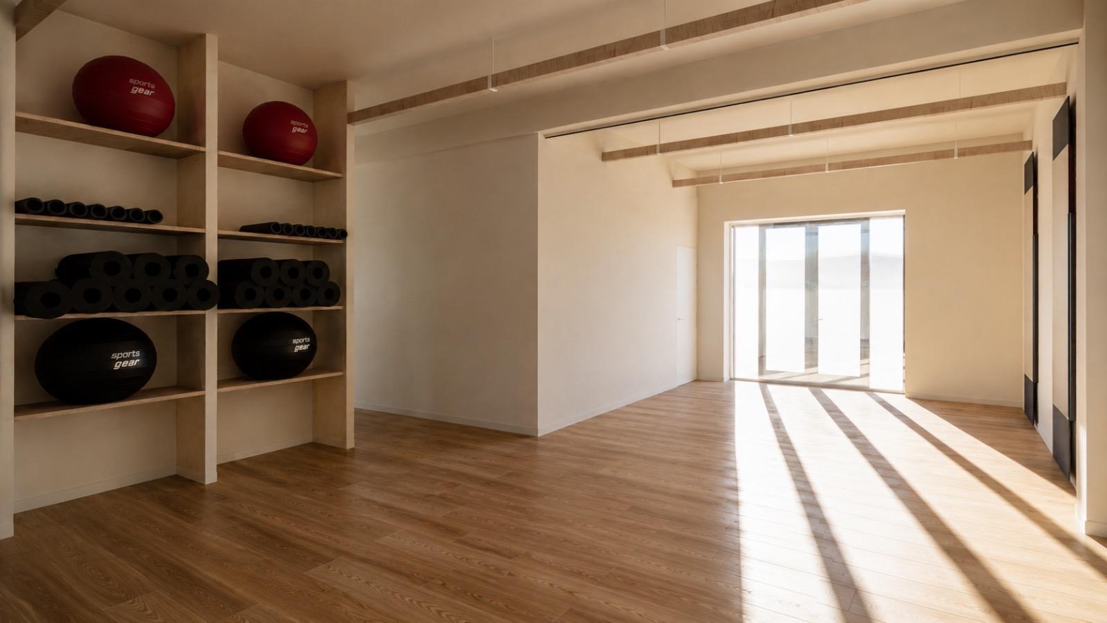 Imagem 3D de um espaço de treino no solo com arrumação de acessórios no BLIVE Pilates Alvalade