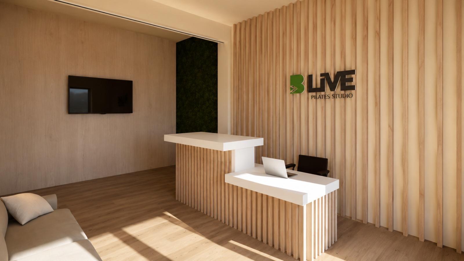 Imagem 3D da recepção e área de espera do BLIVE Pilates Alvalade