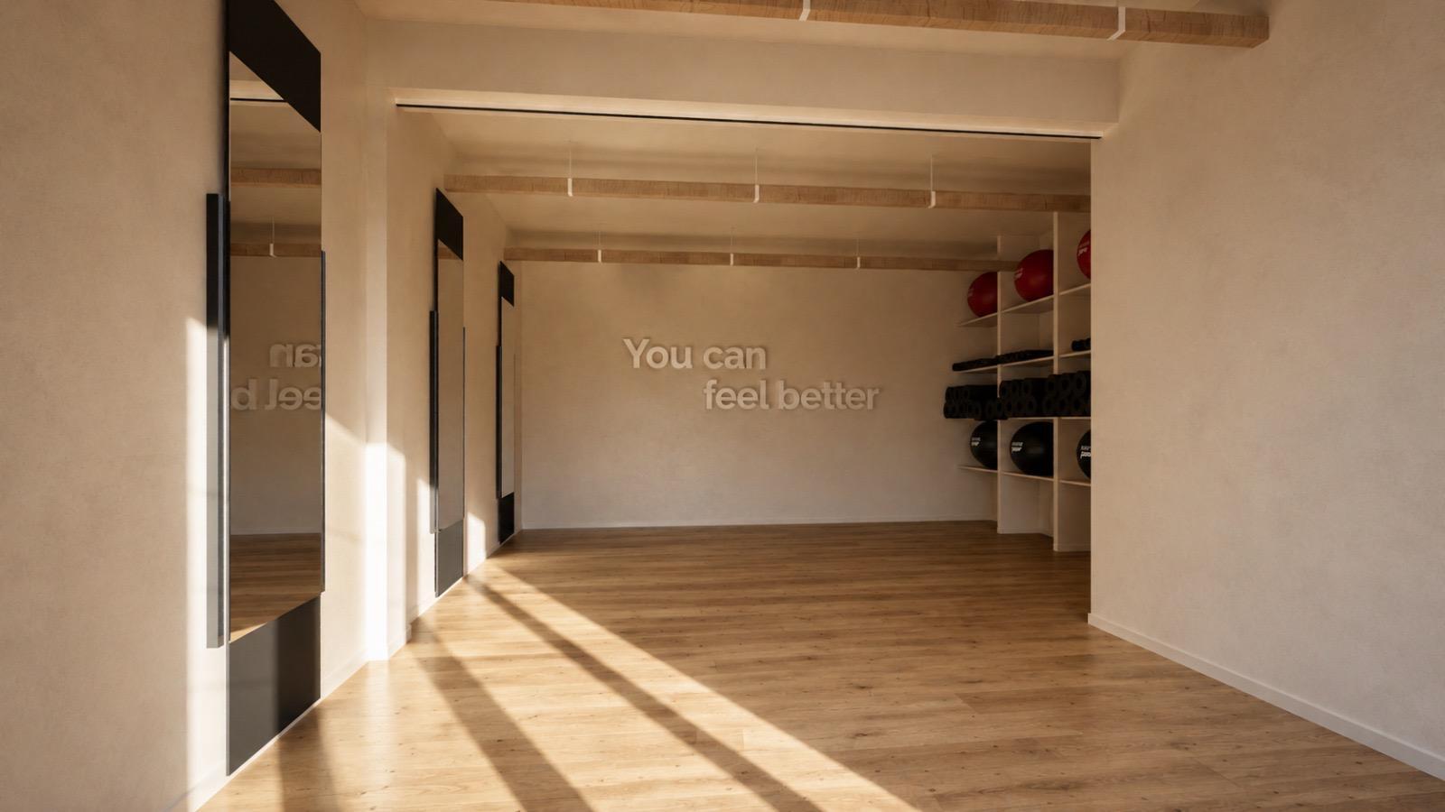 Imagem 3D da sala de treino no solo com acessórios do BLIVE Pilates Alvalade