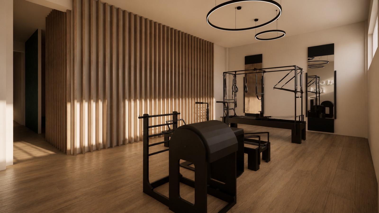 Imagem 3D de uma sala de aparelhos para treino individual no BLIVE Pilates Alvalade